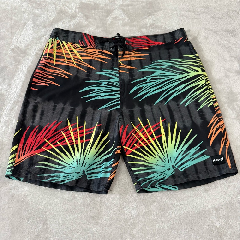 Hurley Mens Swim Trunks Size 34 Black Tie Dye Palm Tree Print Swim‎ Shorts